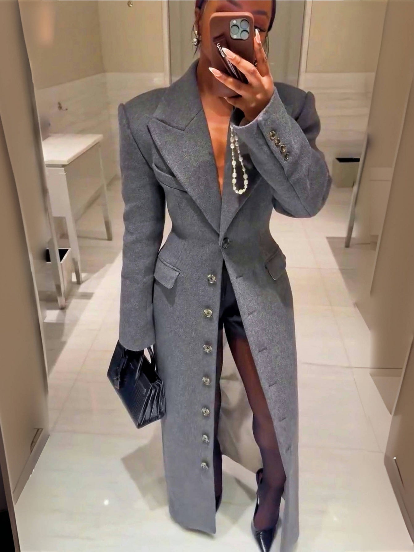 GlOURI Women'S Single-Breasted Maxi Coat - Women'S Outerwear - Grey Tailored Maxi Jacket With Pad Shoulder & Statement Buttons | Single-Breasted Designer Coat For Elegant Office & Formal Wear Warm Fall And Winter Coat