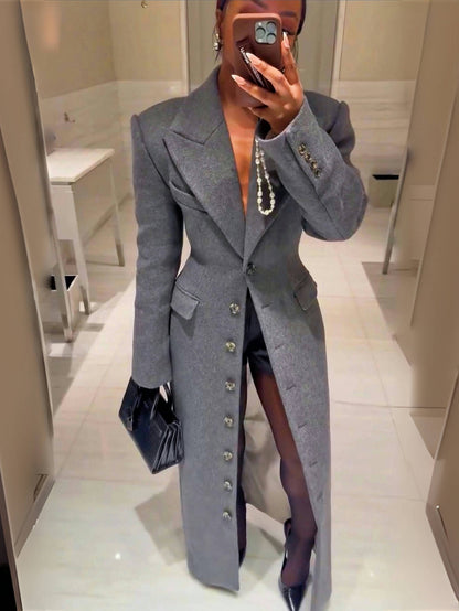 GlOURI Women'S Single-Breasted Maxi Coat - Women'S Outerwear - Grey Tailored Maxi Jacket With Pad Shoulder & Statement Buttons | Single-Breasted Designer Coat For Elegant Office & Formal Wear Warm Fall And Winter Coat