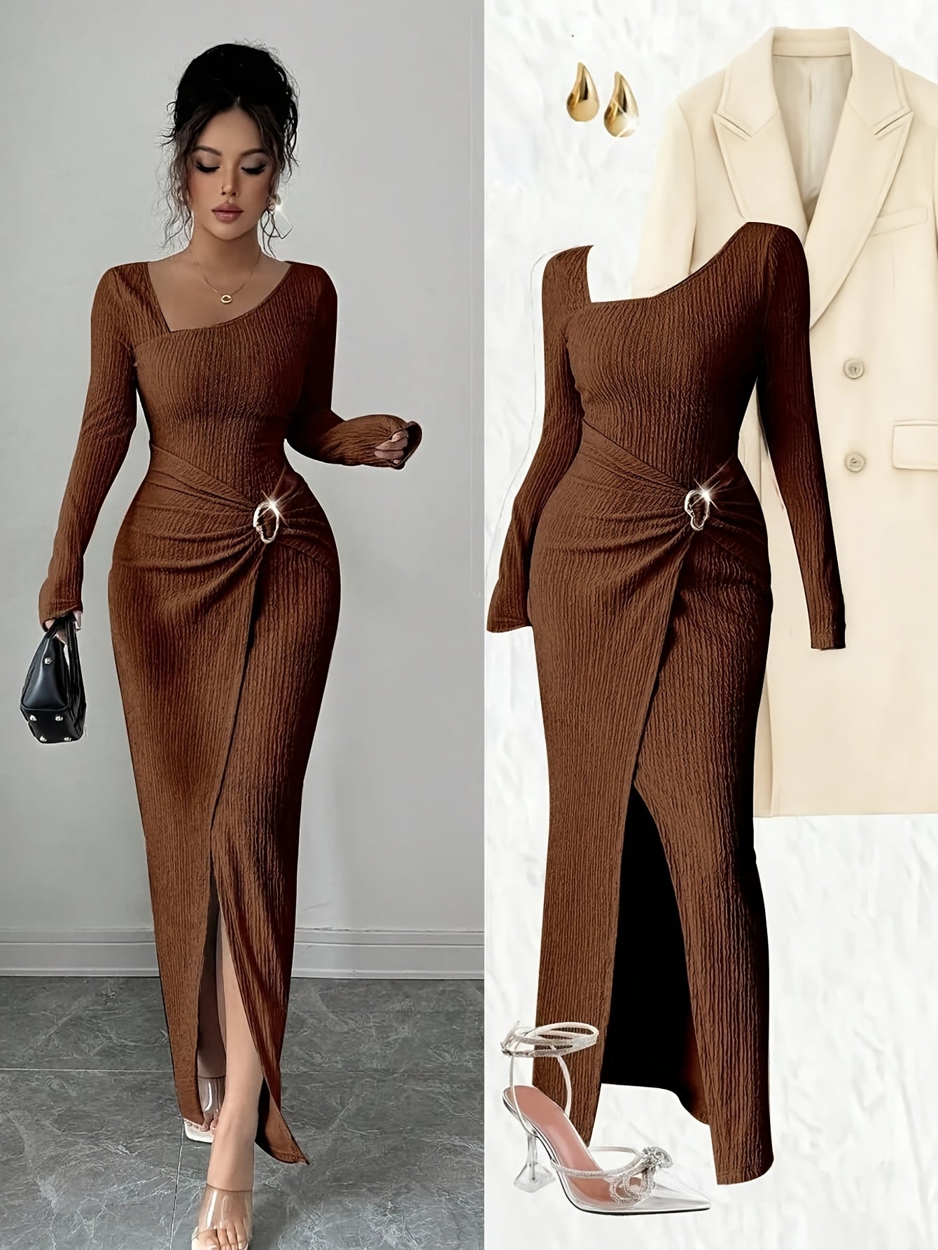 Women'S Solid Color Twisted Split Maxi Dress Asymmetrical Neck Slim Bodycon Fall Winter Elegant Fashion Dress