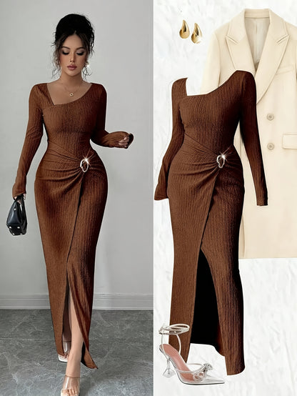 Women'S Solid Color Twisted Split Maxi Dress Asymmetrical Neck Slim Bodycon Fall Winter Elegant Fashion Dress