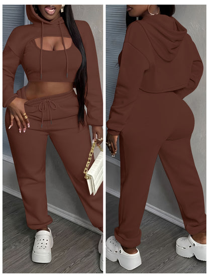 Women'S 3pcs Sweatsuits Sets Sexy Super Cropped Hoodie Tank Top And High Waisted Jogger Sweatpants Matching Loungewear Athleisure Outfits