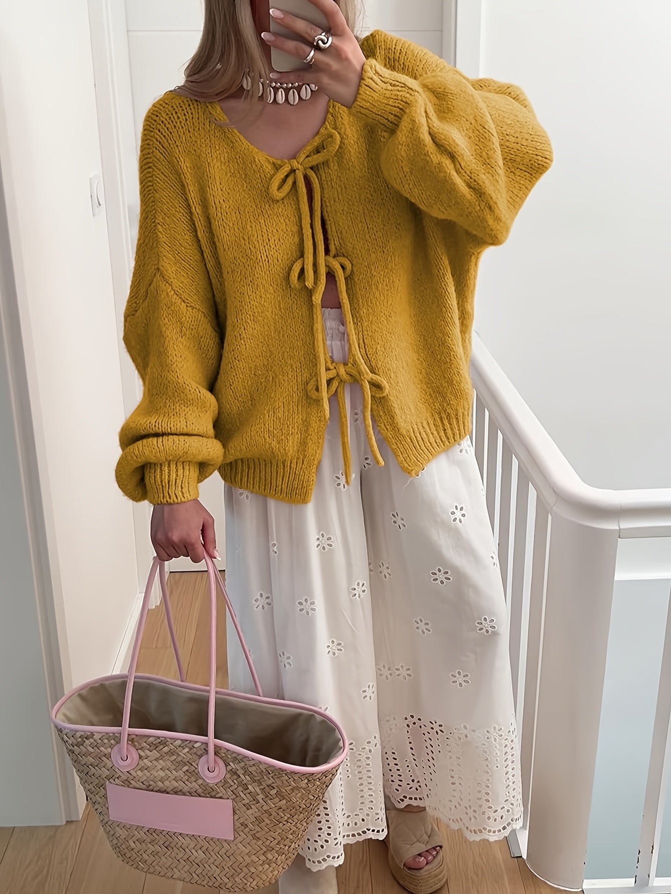 Women'S Oversized Bowtie Sweater Cardigan with Y2K Vibe Long Sleeves V Neck Open Front Casual Wear
