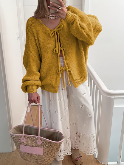 Women'S Oversized Bowtie Sweater Cardigan with Y2K Vibe Long Sleeves V Neck Open Front Casual Wear