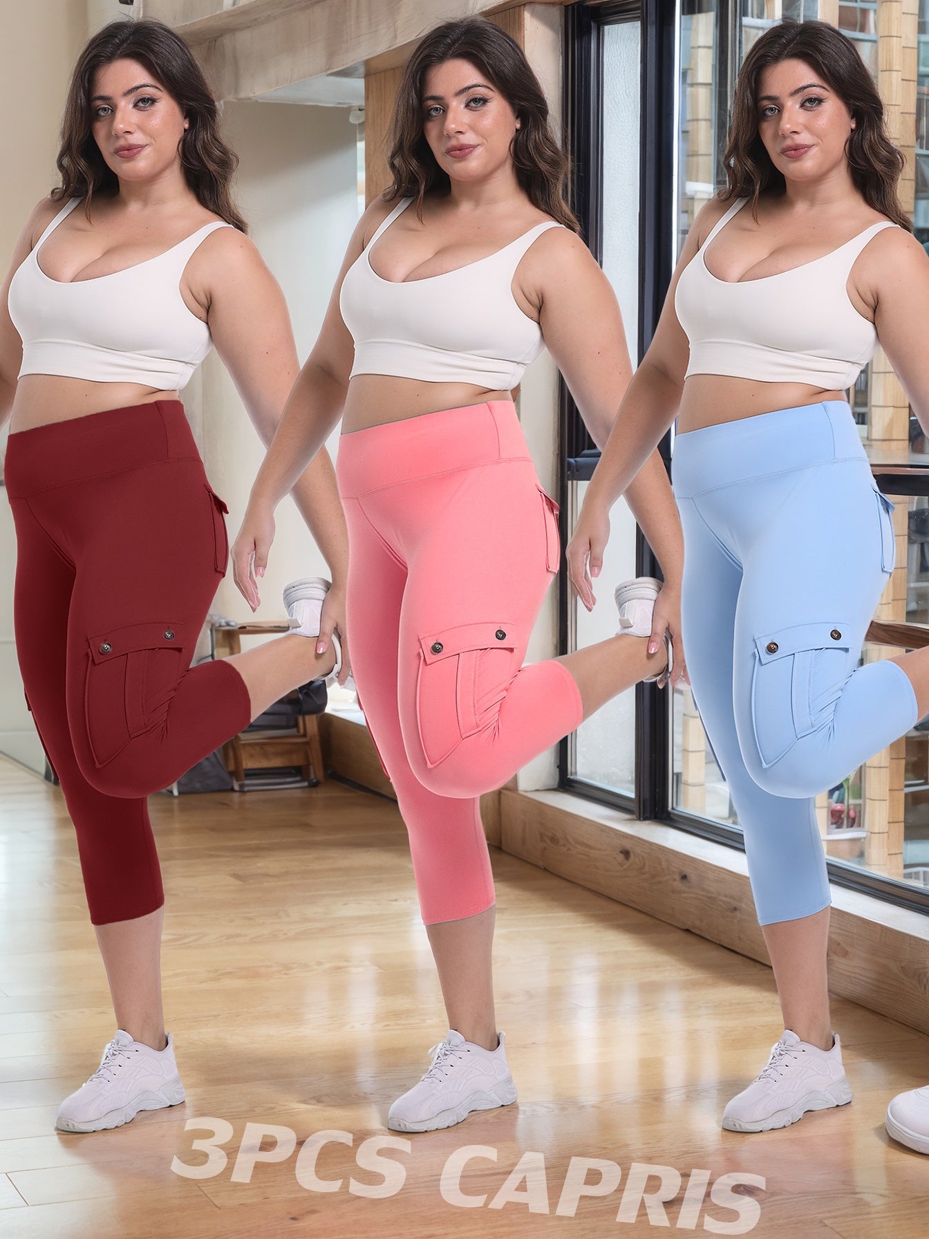 3-packs High Waist Yoga Capri Pants 3pcs Capri Pants Set, 4 Way Stretch Butt Lifting Tummy Control, 4 Button Pockets Workout Running Sports Pants