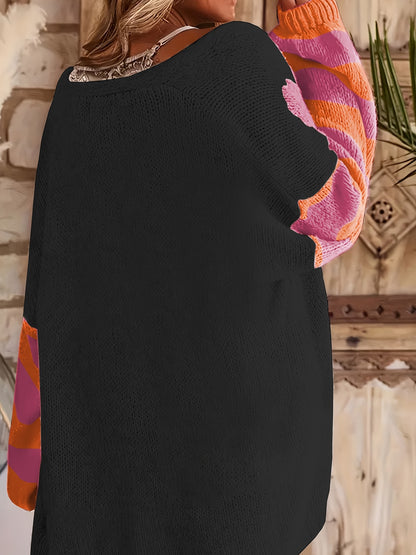Plus Size, Ladies' White Floral Printed Button Cardigan, Long-sleeved V-neck Ribbed Edge, Light Coat for Spring And Autumn - Black And White Casual Style, Light Cardigan