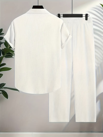 Men's Shirt Trousers Suit, Fashionable Bubble Plaid Simple Casual Lapel Short-sleeved Shirt And Solid Color Trousers Suit