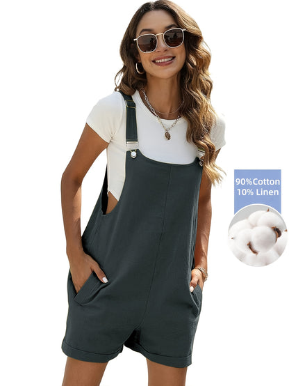 Women'S Linen Stylish Short Overalls Casual Summer Bib Shortalls With Pockets