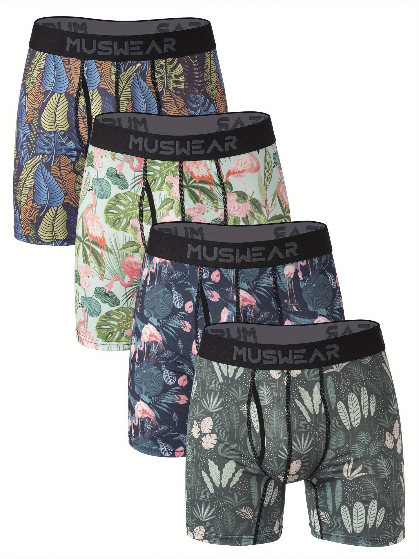 MUSWEAR Men'S Quick-Dry Boxer Briefs - Moisture-Wicking, Breathable with Side Openings, Long Style, Flamingo Print, Stretchy & Comfortable Underwear