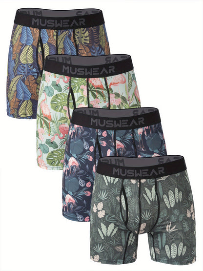 MUSWEAR Men'S Quick-Dry Boxer Briefs - Moisture-Wicking, Breathable with Side Openings, Long Style, Flamingo Print, Stretchy & Comfortable Underwear