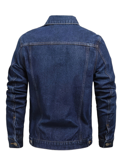 1pc Men'S Casual Denim Jacket, 80% 20%, Solid Color, Lapel Collar, Non-Stretch Woven Fabric, Regular Fit with Pockets