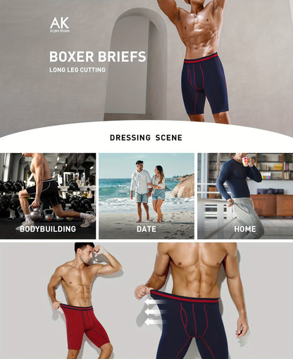 4pcs Men's Long Leg Cotton Underwear Total Support Pouch Boxer Briefs with Open Fly Pouch, Men's Cycling Sports Wear Bottoms, Moisture Wicking & Breathable Slimming Shapewear Body Shape for Men