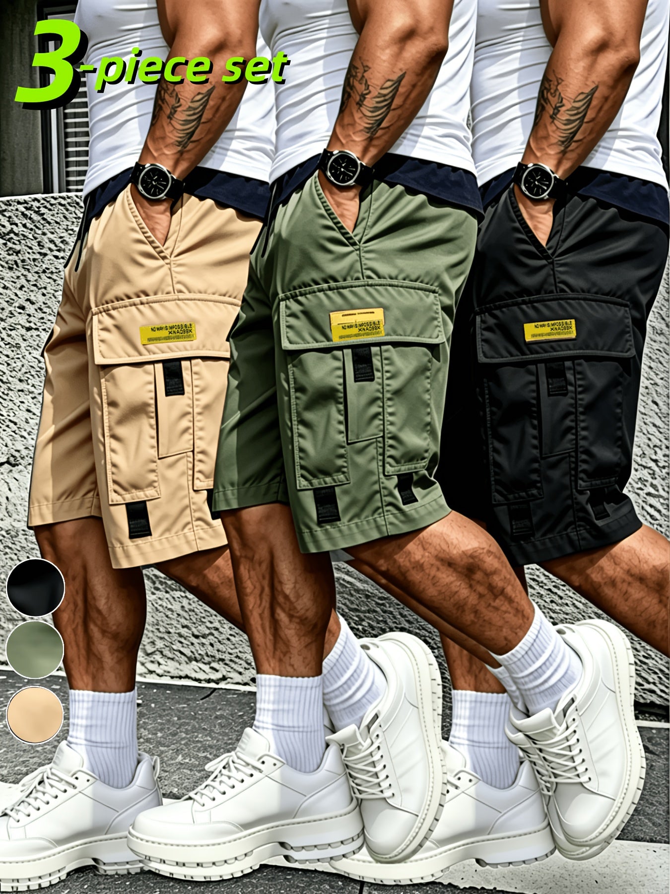 3pcs Men's Cargo Shorts with Multi-Pocket & Drawstring Waist - Lightweight Loose-Fit Shorts Suitable for Outdoor,, Streetwear, Casual Wear - Summer Shorts with Utility Belt for Daily Use and Gift Choice