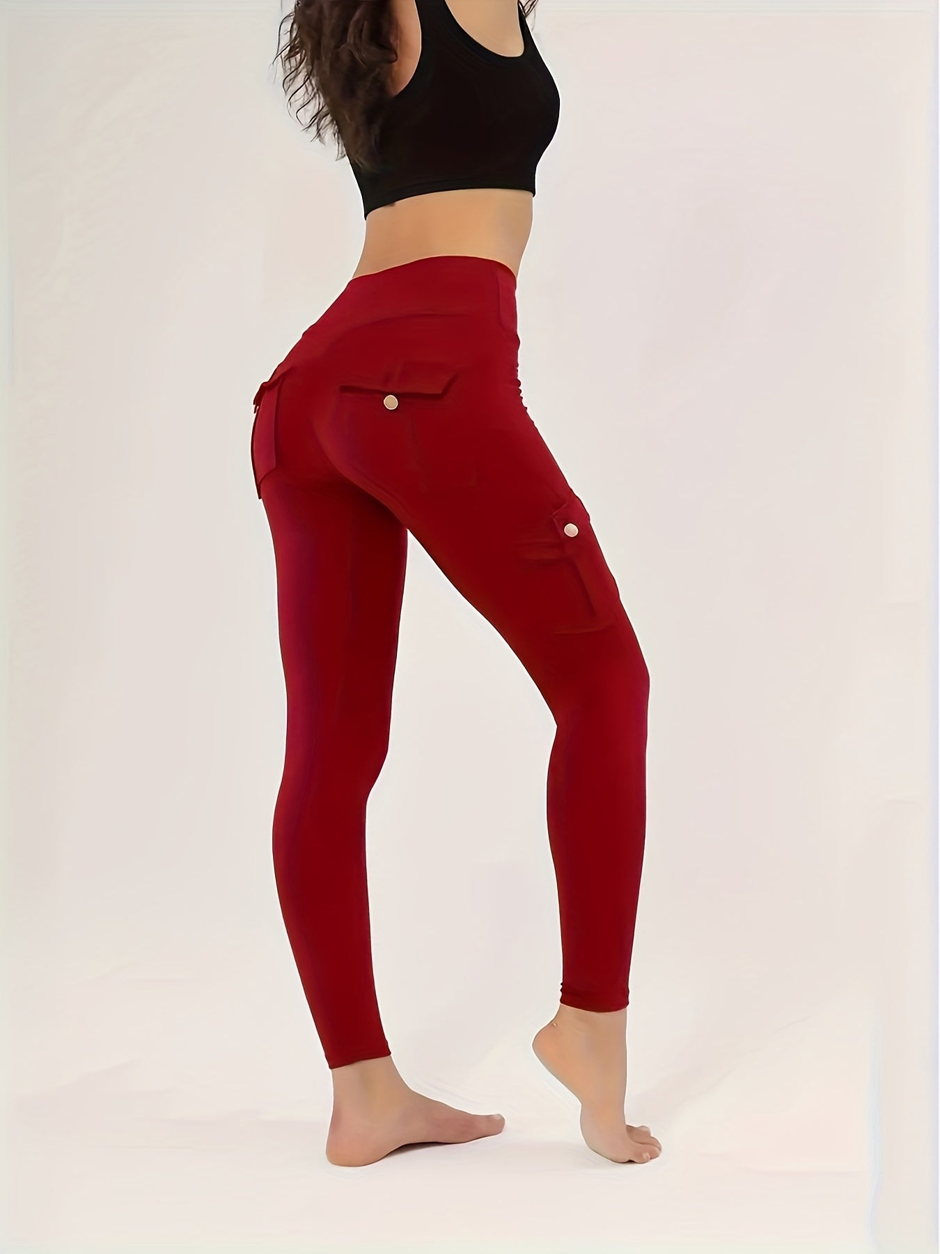 Halloween Costume, 3pcs Women's High-Waisted Yoga Leggings with Pockets - Stretchy Running and Athletic Tights, Button Design, Solid Colors Black, Maroon, Gray, Practical Flap Pockets, Comfortable Fabric Christmas Women's Autumn Wear