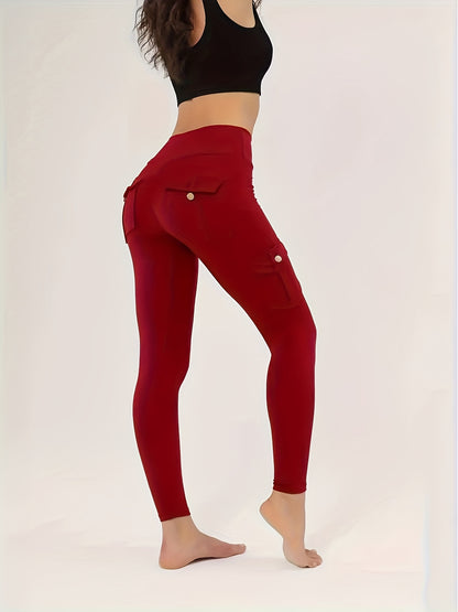 Halloween Costume, 3pcs Women's High-Waisted Yoga Leggings with Pockets - Stretchy Running and Athletic Tights, Button Design, Solid Colors Black, Maroon, Gray, Practical Flap Pockets, Comfortable Fabric Christmas Women's Autumn Wear