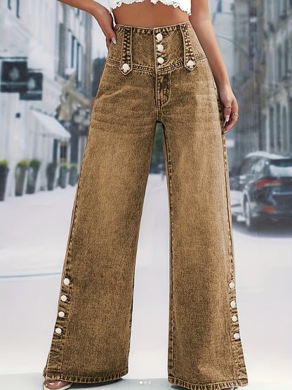 Women's Daily Casual Fashion Button Waistband Loose Jeans, with Open Button Cuff Design, Suitable for Home, Outdoor Street Shopping, Holiday Travel, Airport, And Versatile for All Seasons, Machine Washable.