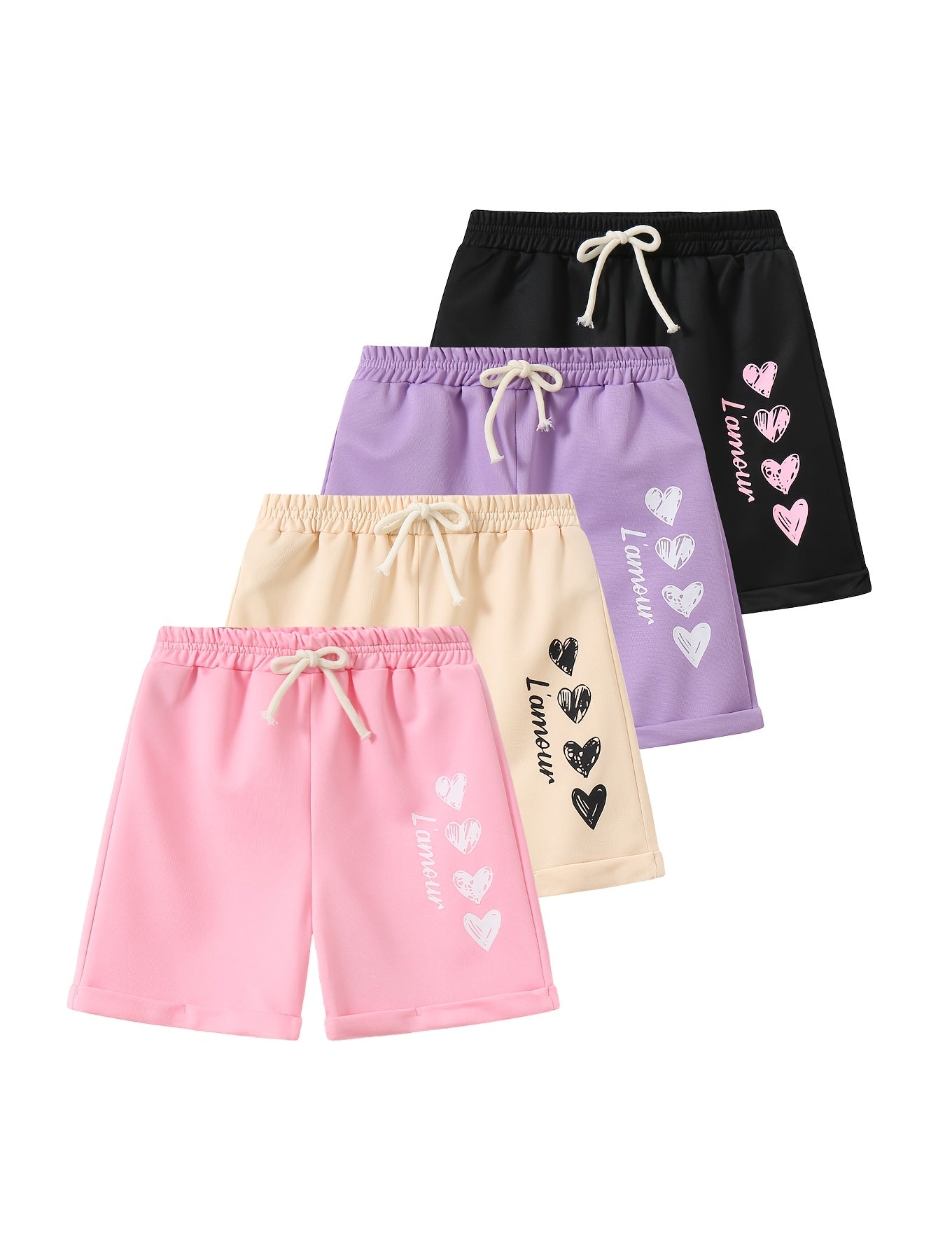 4pcs Girls' Summer Shorts with Heart Print & Bow Front - Non- Bow Tie Waistband, Machine Washable Casual Shorts Suitable for, Playdates, Casual Attire - Spring/Summer Outfits for to, Perfect for Outdoor