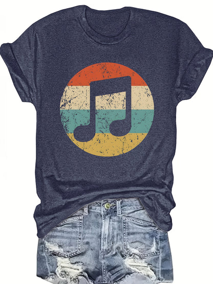 Women's Casual Music Note & Rest Signature () T-Shirt - Round Neck Short Sleeve Top, Non-Transparent Fabric Suitable for Festivals, Concerts & Daily Wear - Machine Washable Musical Score Blouse