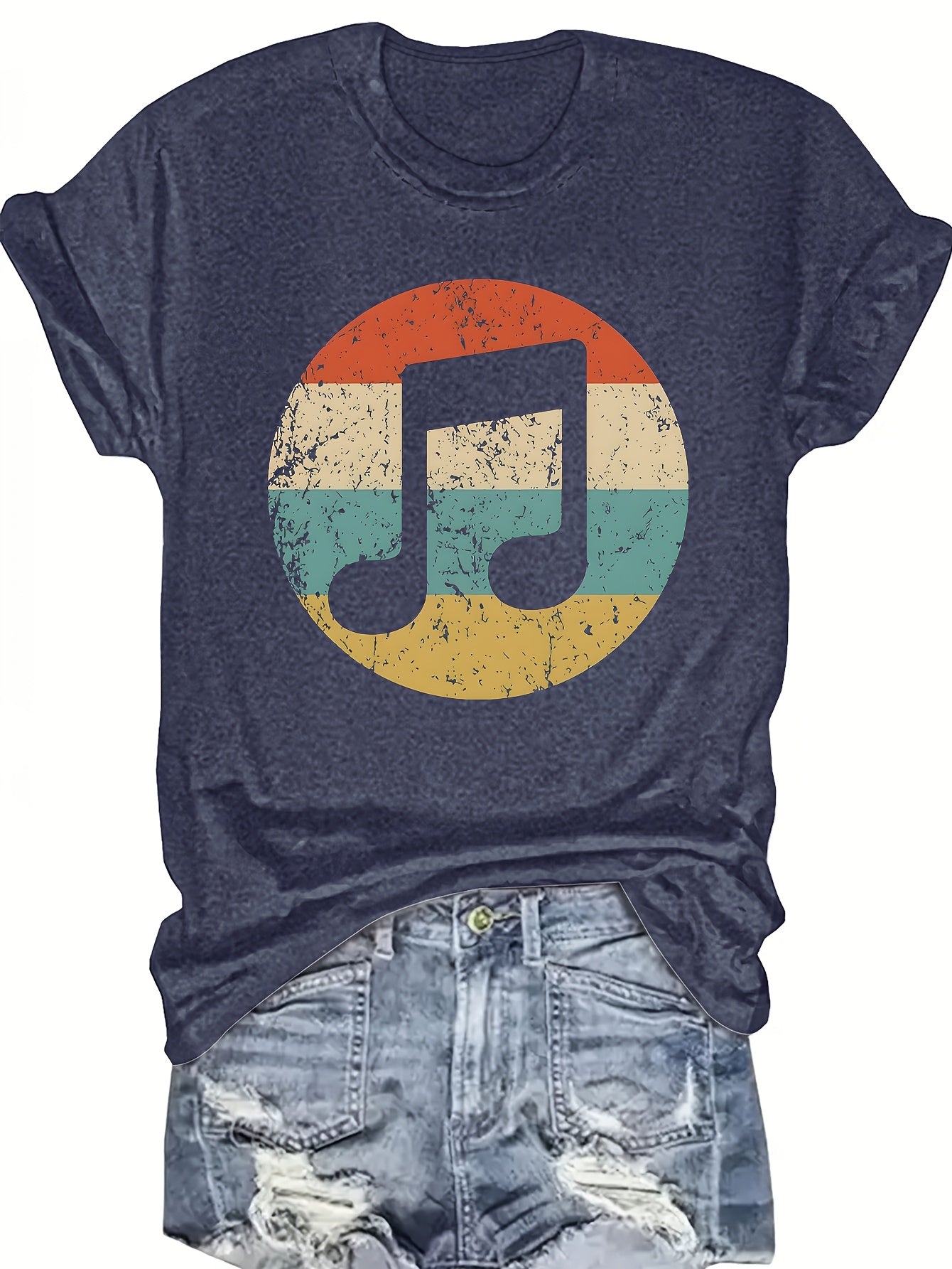 Women's Casual Music Note & Rest Signature () T-Shirt - Round Neck Short Sleeve Top, Non-Transparent Fabric Suitable for Festivals, Concerts & Daily Wear - Machine Washable Musical Score Blouse