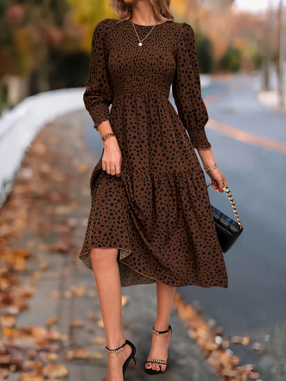 ZAFUL Spring Women's Clothing, Elegant Dress for Ladies with Long Sleeves and Round Neck Leopard Print, Commuting Elegant Dress, Women's Long Skirt