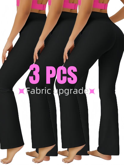 Set of 3 Ultra Comfortable High-Rise Flared Trousers - Women'S Tummy Shaping Bootcut Leggings Featuring Pockets