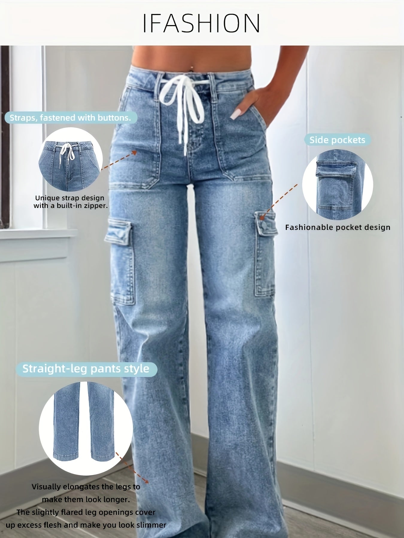 Women's Casual Fashion Denim Fabric Sweatpants Jeans - 2025 New Style Straight-leg with Laces and Multiple Pockets, Fit Womenswear