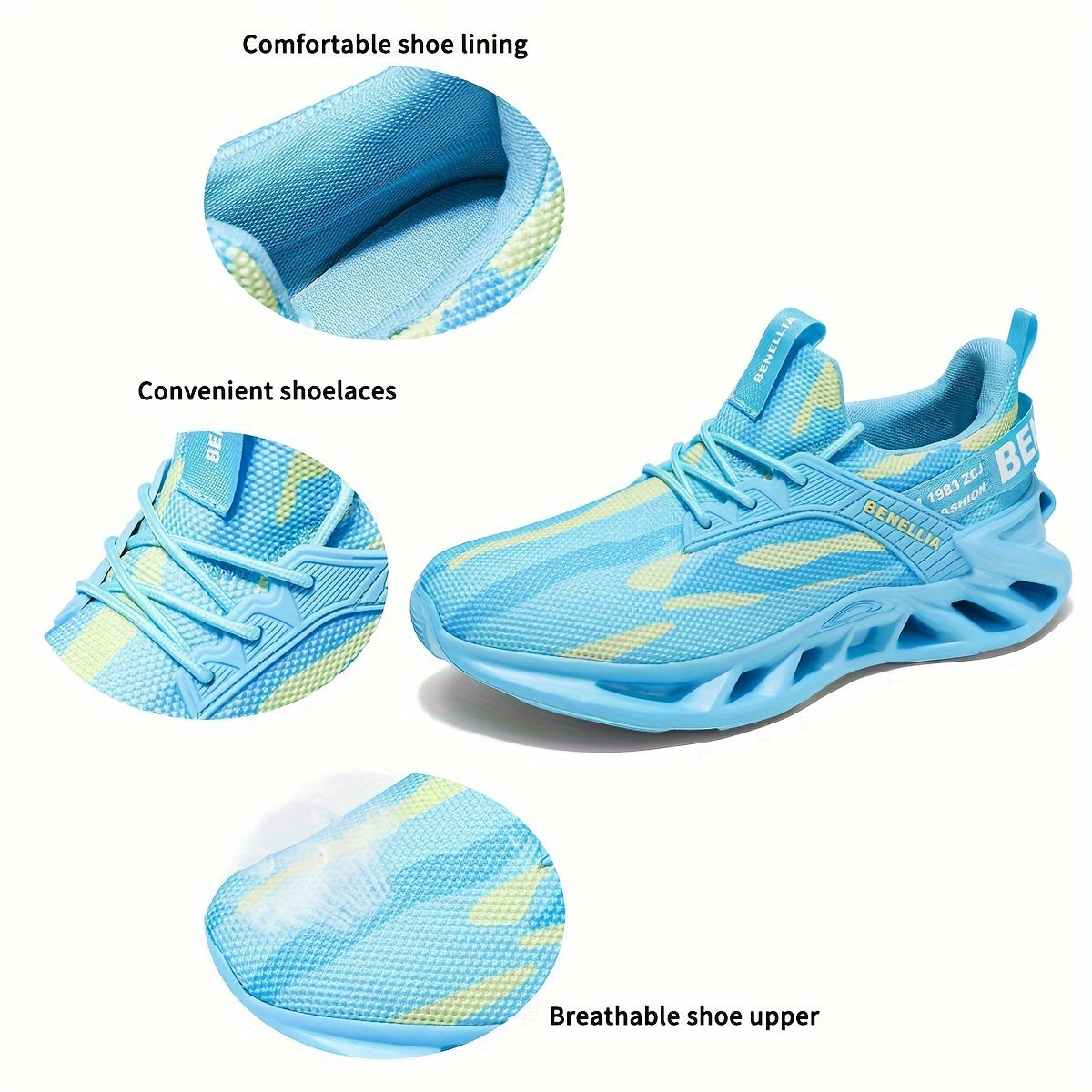 Unisex Benelli Lightweight Running Shoes, Breathable Mesh Fabric, Stable Support, Neutral Pronation, EVA Sole, Casual Sports Sneakers for Women, Random Print, All-Season