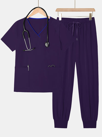 2pcs Set Of Top And Pants, Women's V-neck Frosted Breathable Pocket S Uniform, Brushed Hand Clothes, Work Clothes, Hand Washing Clothes, Pocket Clothes, Leg Binding Pants Set