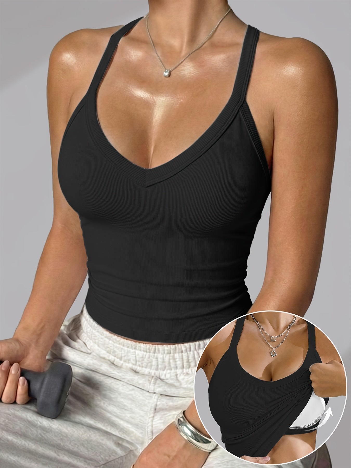 Women's Ribbed I-back Vest with Built-in Bra Pads, No Need to Wear a Bra, Gathers and Supports to Prevent Sagging, Can Be Worn as an Outer Layer or Undergarment, Suitable for Sports, Fitness, Daily Wear, and as a Base Top