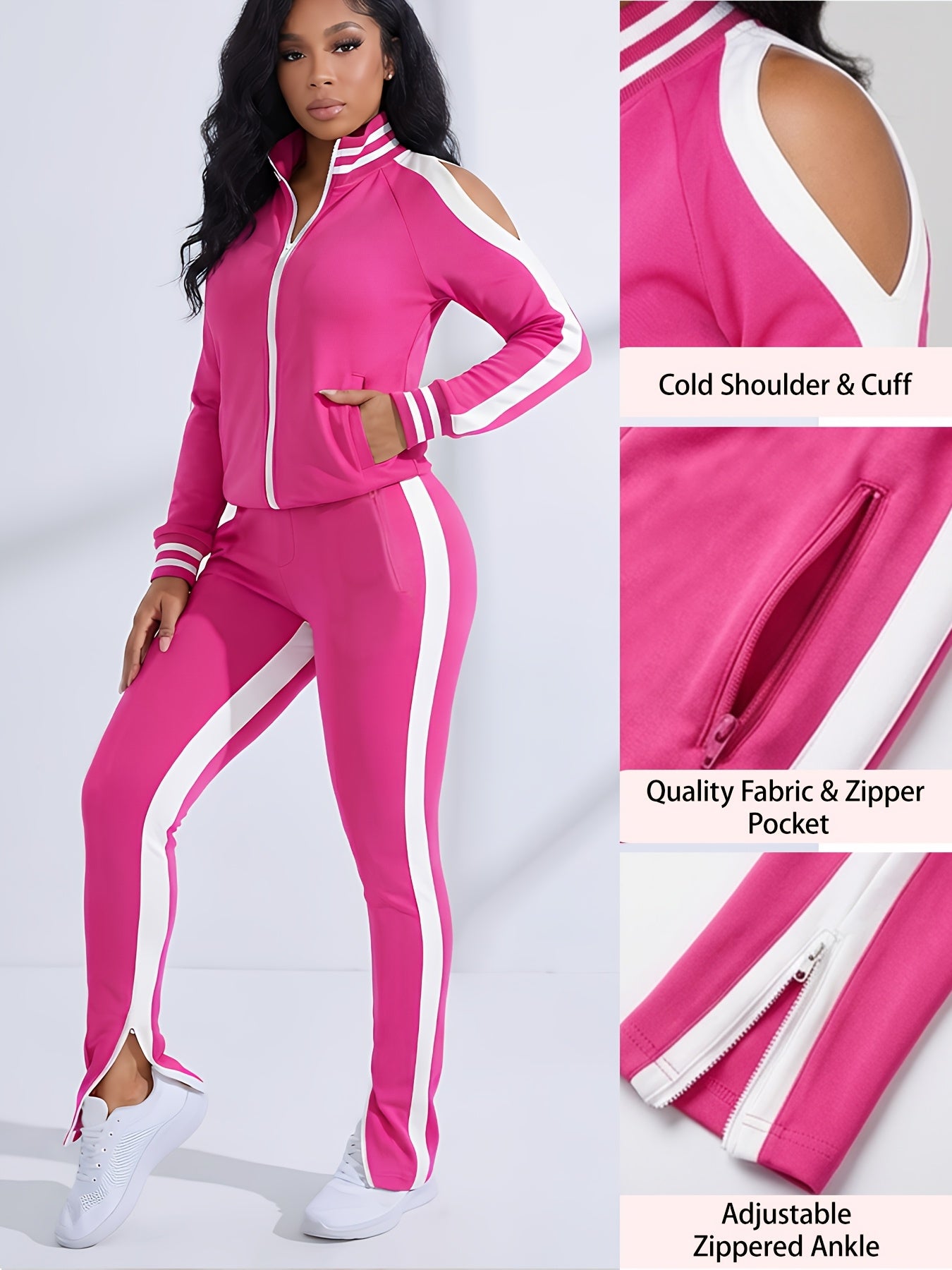 Women's 2pcs Athletic Tracksuit Set, Striped Contrast Shoulder Slit Top & Zipper Hem Sporty Pants, Activewear Lounge Set