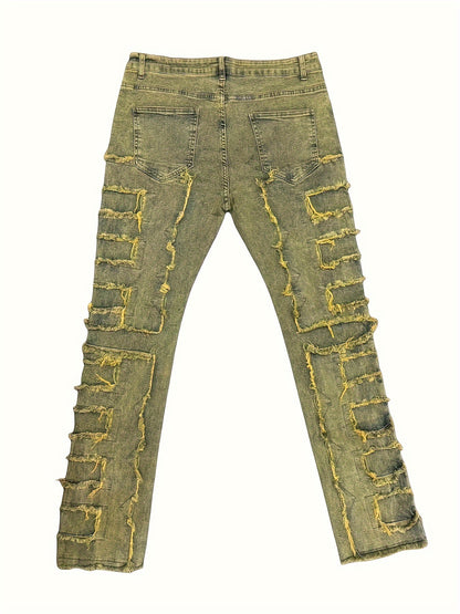 Men's Slim-Fit Stretch Jeans with Fringe Tassel decoration - Hip-Hop Skateboard Style Straight Pants, Washed Denomination for all- Wear (Machine Washable, Urban Streetwear) - Comfortable & Trendy for Skating & Everyday