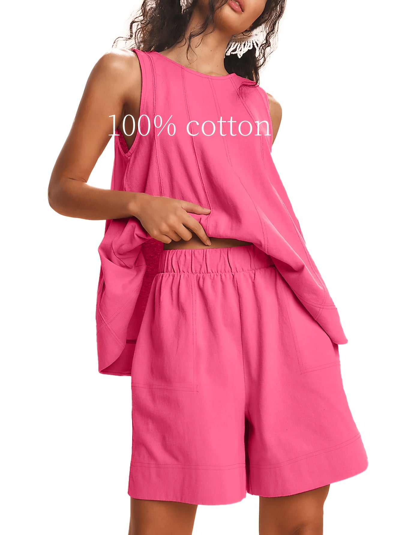 Womens 2pcs Outfits Sleeveless Matching Sets A Line Tank Tops Contrast Stitching High Waist Shorts with Pockets