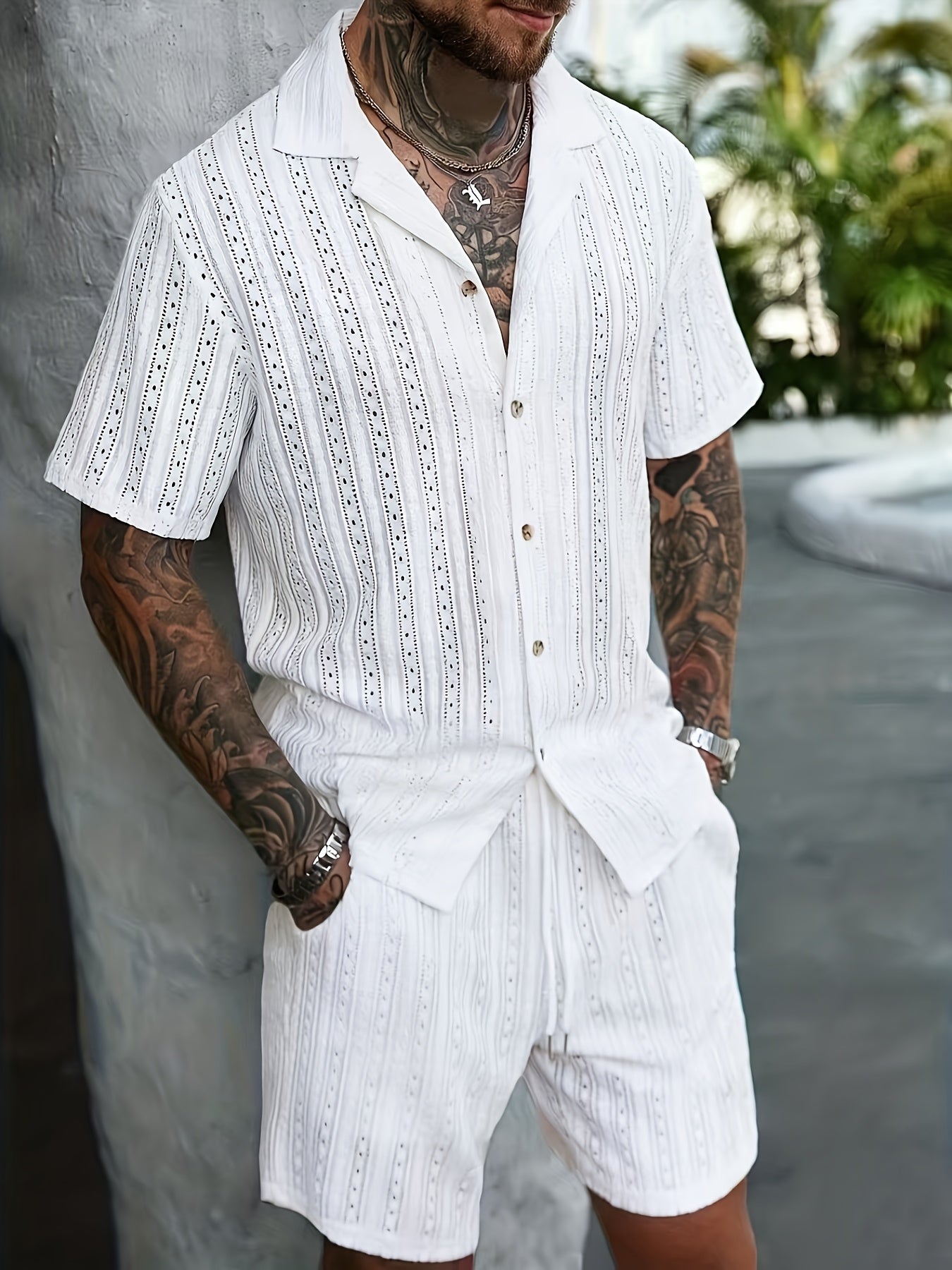 2pcs/Set Men's Solid Color Button- Hollow Shirt And Shorts Set, Vacation Solid Color Husband Casual Wear, Suitable for Vacation, Seaside Beach, Daily Leisure, Summer Wear Men Vacation Outfits Men 2pcs Outfits Summer, Cozy Outfits