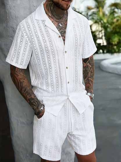 2pcs/Set Men's Solid Color Button- Hollow Shirt And Shorts Set, Vacation Solid Color Husband Casual Wear, Suitable for Vacation, Seaside Beach, Daily Leisure, Summer Wear Men Vacation Outfits Men 2pcs Outfits Summer, Cozy Outfits