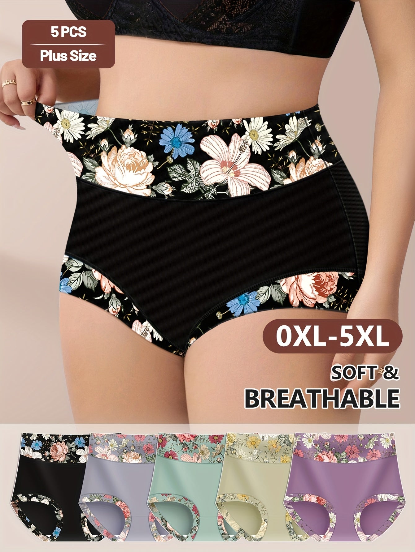 5pcs Plus Size Elegant Panties Women's Floral Print High Waisted Soft Briefs