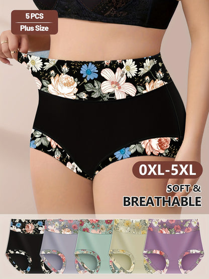 5pcs Plus Size Elegant Panties Women's Floral Print High Waisted Soft Briefs