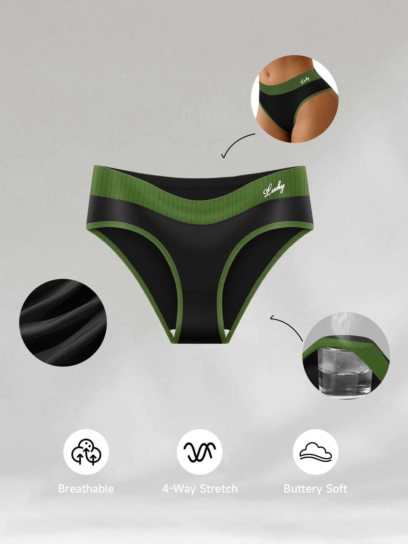 5pcs Women'S Colorblock Sliky Fiber Fabric Briefs - Breathable, High-Elasticity, No-Show Underwear, Comfort Fit, Mid-Rise, Letter Pattern, Black & Neon Green, Sexy Briefs | Midrise Underwear | Smooth Texture