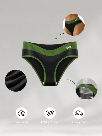 5pcs Women'S Colorblock Sliky Fiber Fabric Briefs - Breathable, High-Elasticity, No-Show Underwear, Comfort Fit, Mid-Rise, Letter Pattern, Black & Neon Green, Sexy Briefs | Midrise Underwear | Smooth Texture