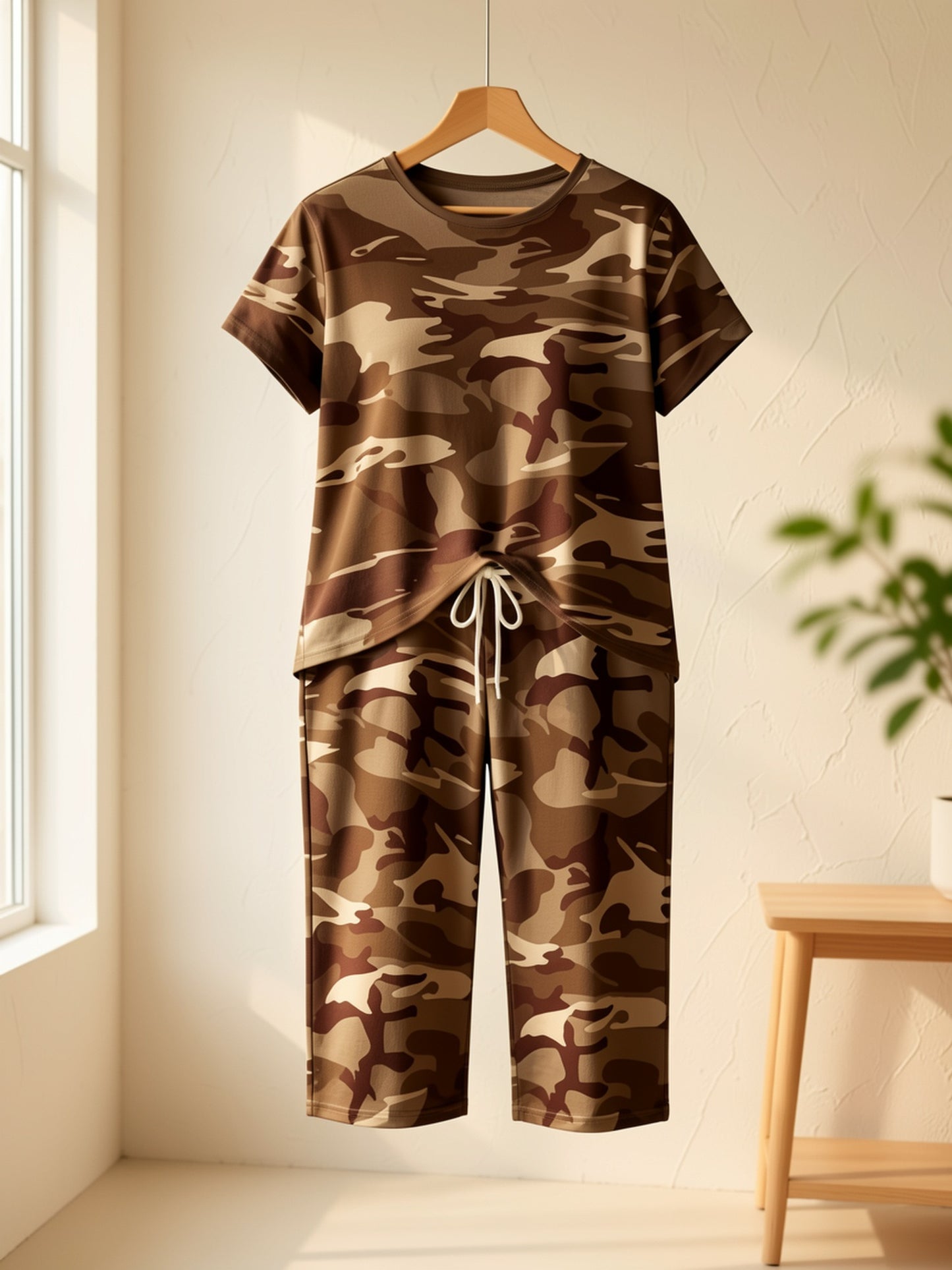 Plus Size - Plus Size - Women'S Plus Size Fashion: Camouflage Print T-Shirt with Round Neck And Cropped Pants Set, Casual Two-Piece Outfit