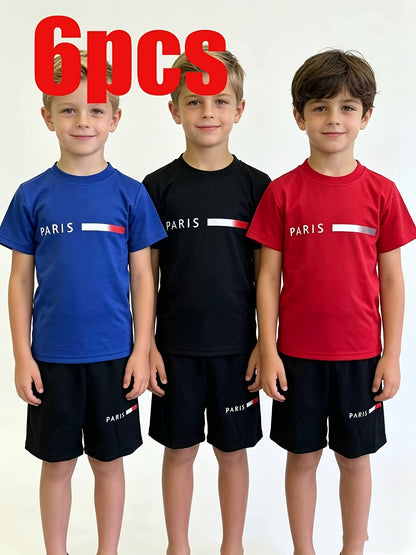 6pcs Boys' Breathable, Comfortable, And Stylish Printed Round-neck Short-sleeve And Shorts Set - Spring/Summer/Autumn Casual Wear, Leisurewear | Sporty Style | Stretchy Fabric, Suitable for Outdoor, Perfect for Outdoor