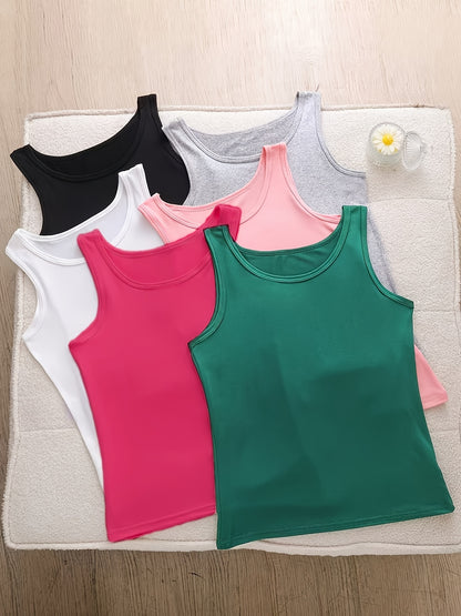 A Set of Six Women'S Soft Adhesive Vests in Various Colors Including Black, White, Gray, Pink, Rose Red, And Green. These Sleeveless Shirts Are Elastic, Breathable, And Comfortable for All Seasons, Making Them Ideal for Home And Casual Outings