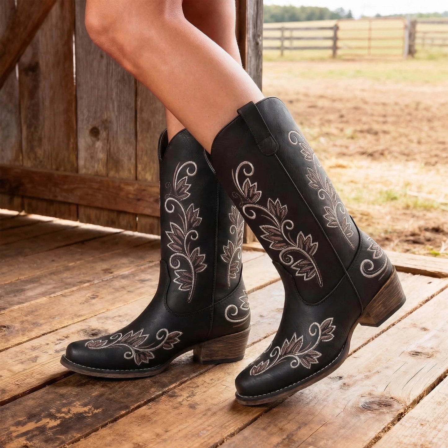 Women'S Cowboy Cowgirl Western Mid Calf Boots Square Toe Embroidered Stitched Pull on Country Boots with Low Chunky Heel Women Shoes