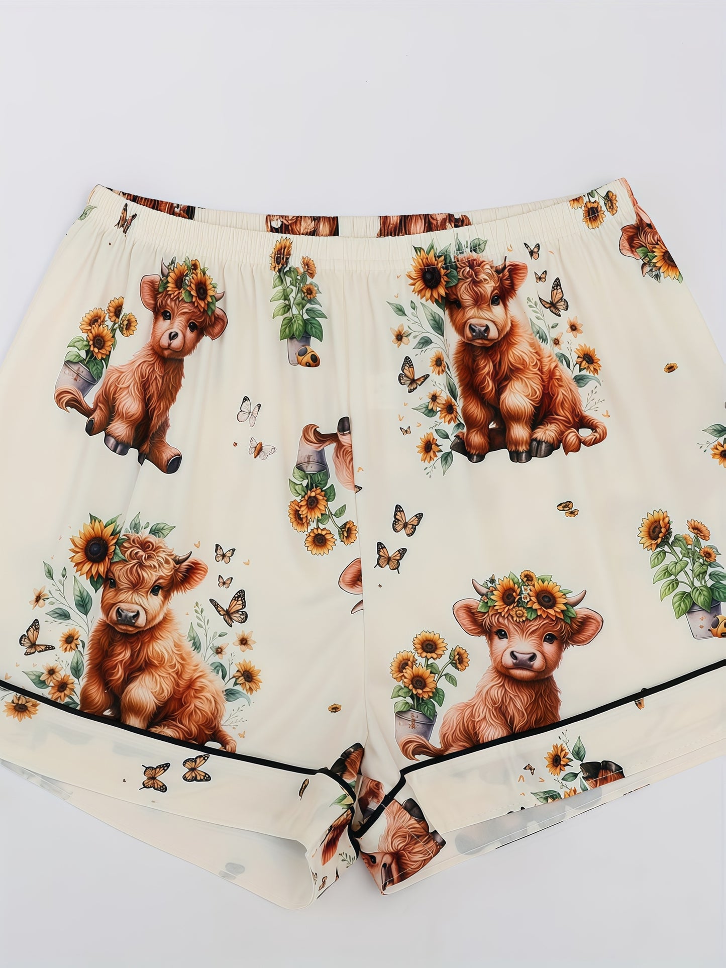 [3pcs Women's Pajama Set] 3pcs Casual Women's Pajama Set | Features A Lapel Collar, Short-sleeved Top with Button Closure, Paired with Shorts And Long Pants, Adorned with Floral And Cow Patterns. Comfortable Loungewear Suitable for All Seasons