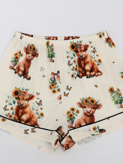 [3pcs Women's Pajama Set] 3pcs Casual Women's Pajama Set | Features A Lapel Collar, Short-sleeved Top with Button Closure, Paired with Shorts And Long Pants, Adorned with Floral And Cow Patterns. Comfortable Loungewear Suitable for All Seasons