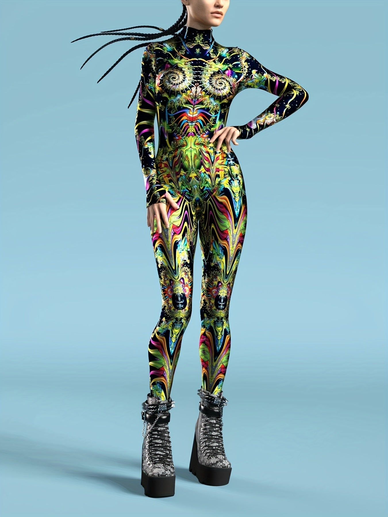 Stretchy Spandex Psychedelic Fractal Print Bodysuit for Women - High-Neck, Long Sleeve, Costume for Halloween & Cosplay Parties