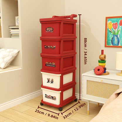 Large-Capacity Plastic Storage Cabinet with 2/3/4/5 Layers 鈥?Red & White Multi-Layer Drawer Organizer with Wheels, Easy to Assemble, Portable Stackable Storage Unit for Bedroom, Bathroom & Living Room, Foldable Home Organizer, Space-Saving Plastic