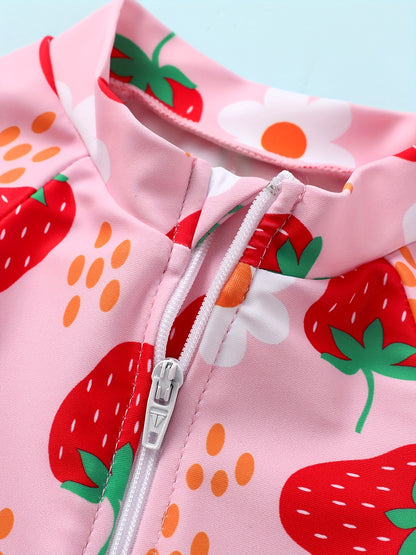 Baby Girl Swimsuit One-Piece Long Sleeved Sunscreen Suit with Hat Set Zipper Swimsuit Cute Strawberry Flower Mermaid Flamingo Beach Outfit
