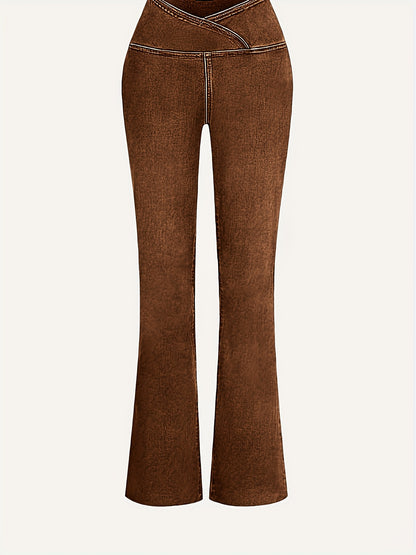 Women's High-Waisted Stretch Jeans - Wide-Leg Bell-Bottom Flared Pants with Cross-Waist , -Like Rayon//Spandex (75/23/2%), All-Season Casual to Dressy Wear, Wrinkle-Resistant Trousers
