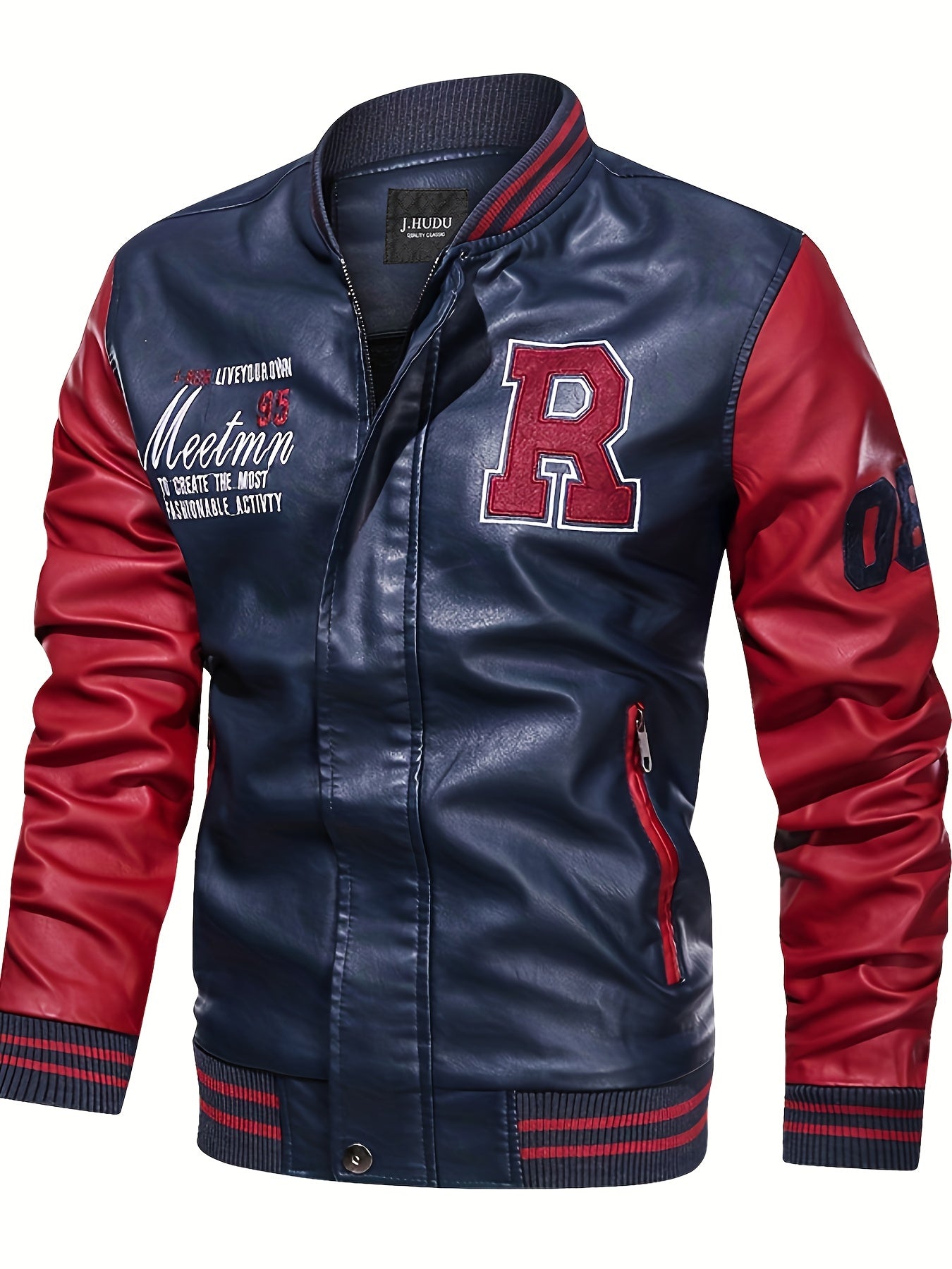 Plus Size Men'S Letter "R" Print PU Jacket for Spring/Autumn, Oversized Punk Raglan Baseball Jacket for Big & Tall Males, Men'S Clothing