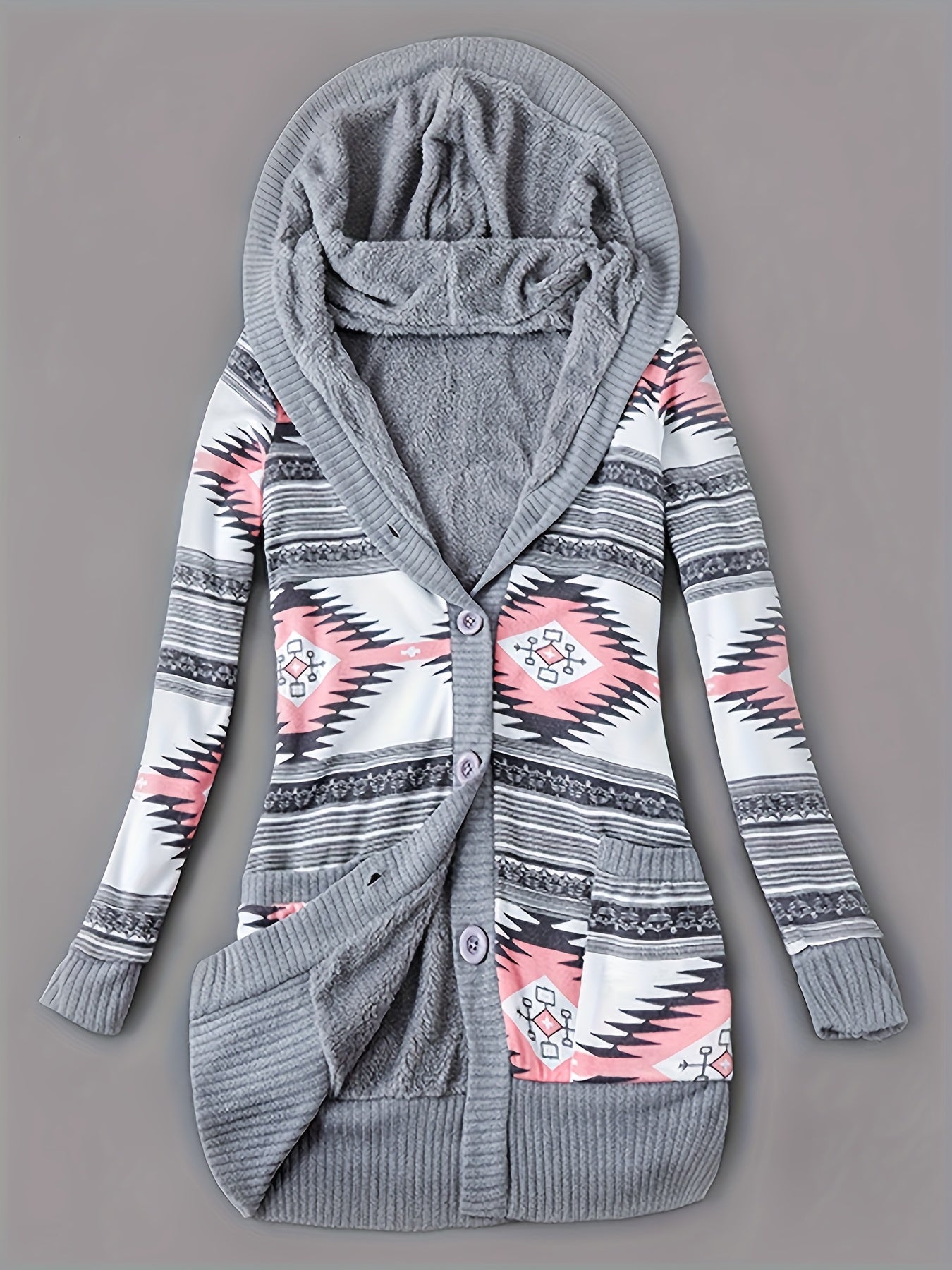 Women'S Fall Winter Casual Hooded Jacket, Warm Fleece Lined Long Sleeve Coat with Geometric Pattern And Colorblock Design
