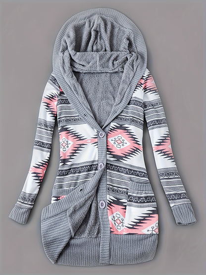 Women'S Fall Winter Casual Hooded Jacket, Warm Fleece Lined Long Sleeve Coat with Geometric Pattern And Colorblock Design